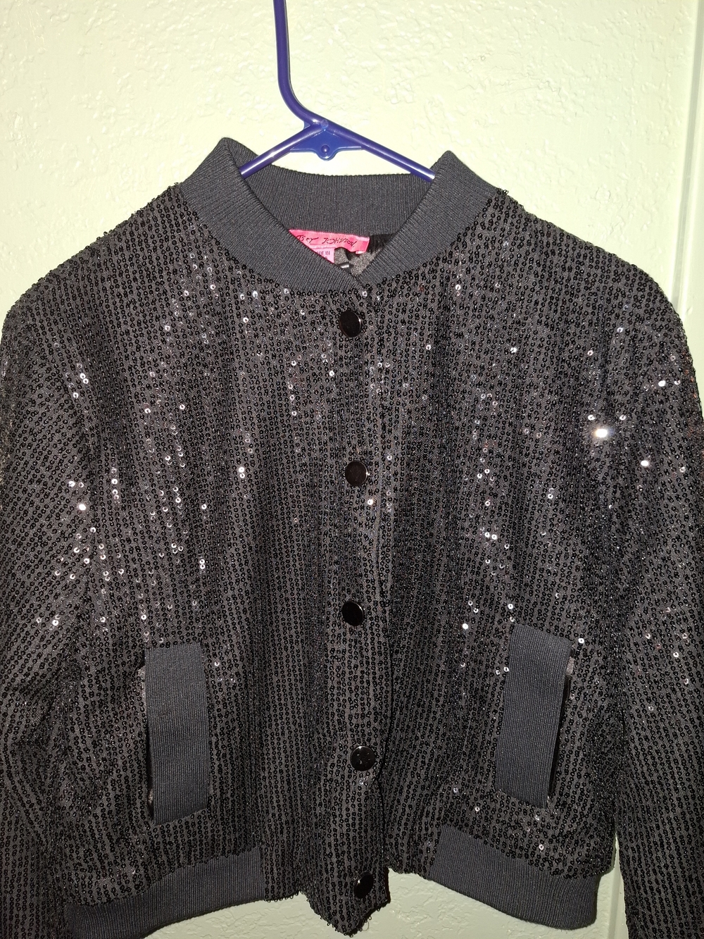 Betsey Johnson Black Sequin Bomber Jacket Button Front Lined Pockets